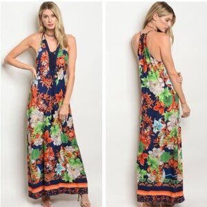 ORANGE/ GREEN/ NAVY FLORAL MAXI DRESS